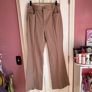 LOFT Tan Checkered Flare Trousers